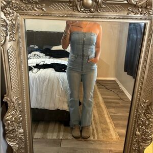 SHEIN Blue Denim Overalls High-Waisted Flared